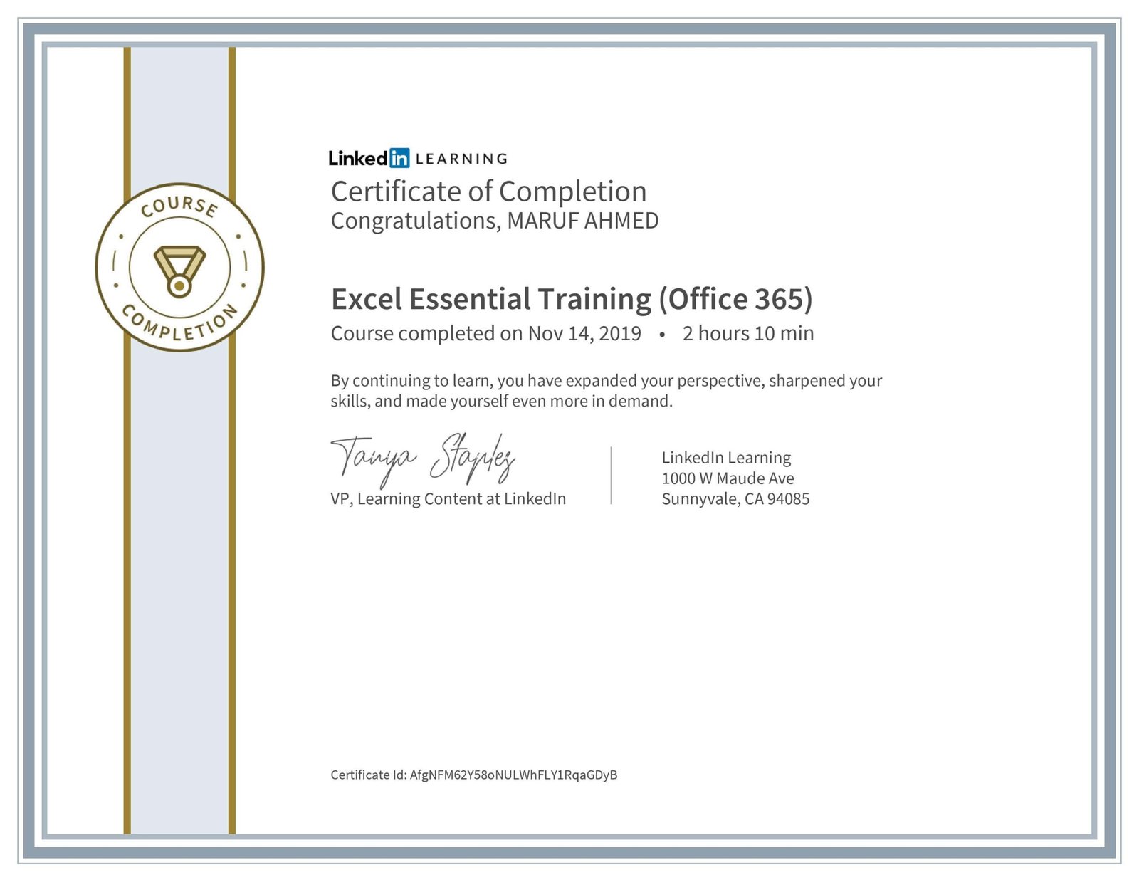 CertificateOfCompletion_Excel Essential Training Office 365-min